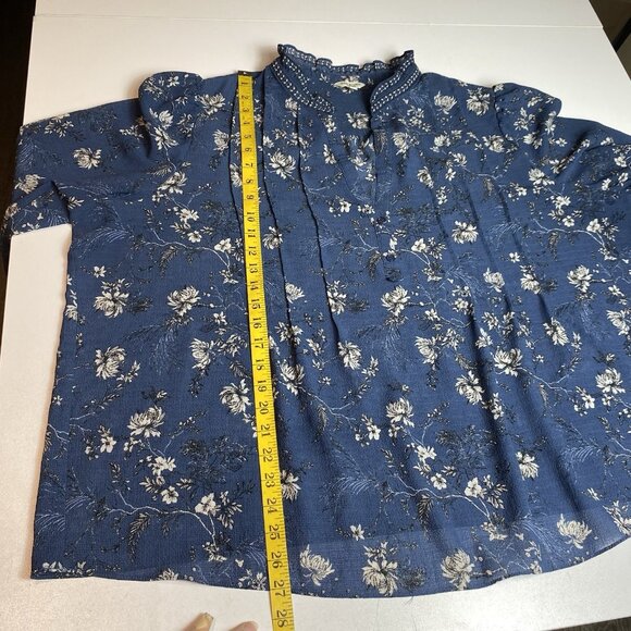 Max Studio Womens Blouse Dusty Blue Floral Bishop Sleeve Ruffle Collar Sz 3X - Picture 8 of 9